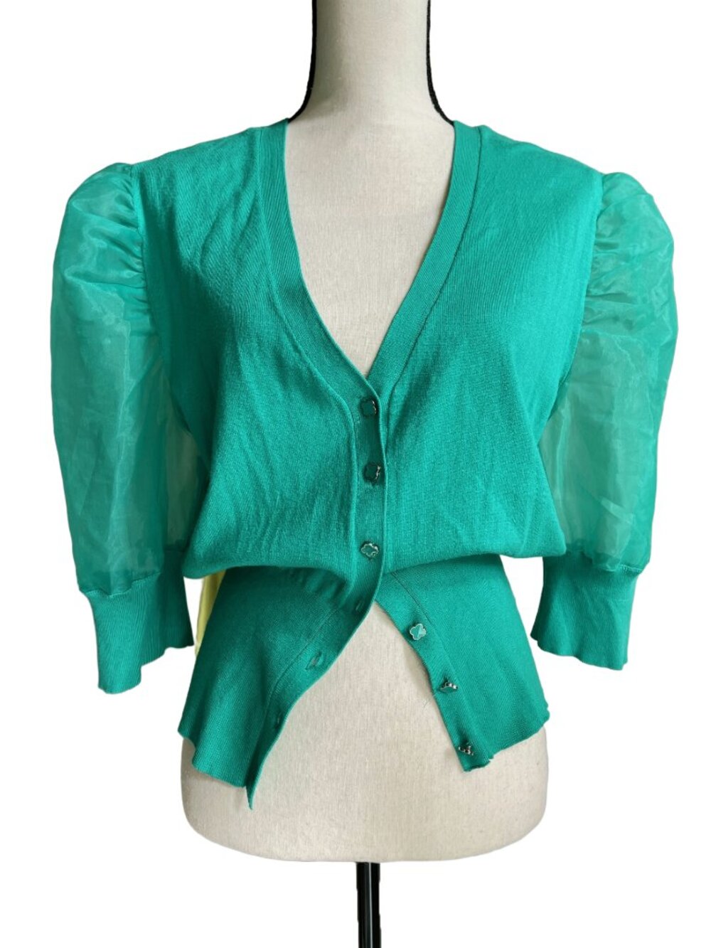 7TH AVENUE DESIGN STUDIO Green Sweater Top Sheer Puffy Sleeves XL